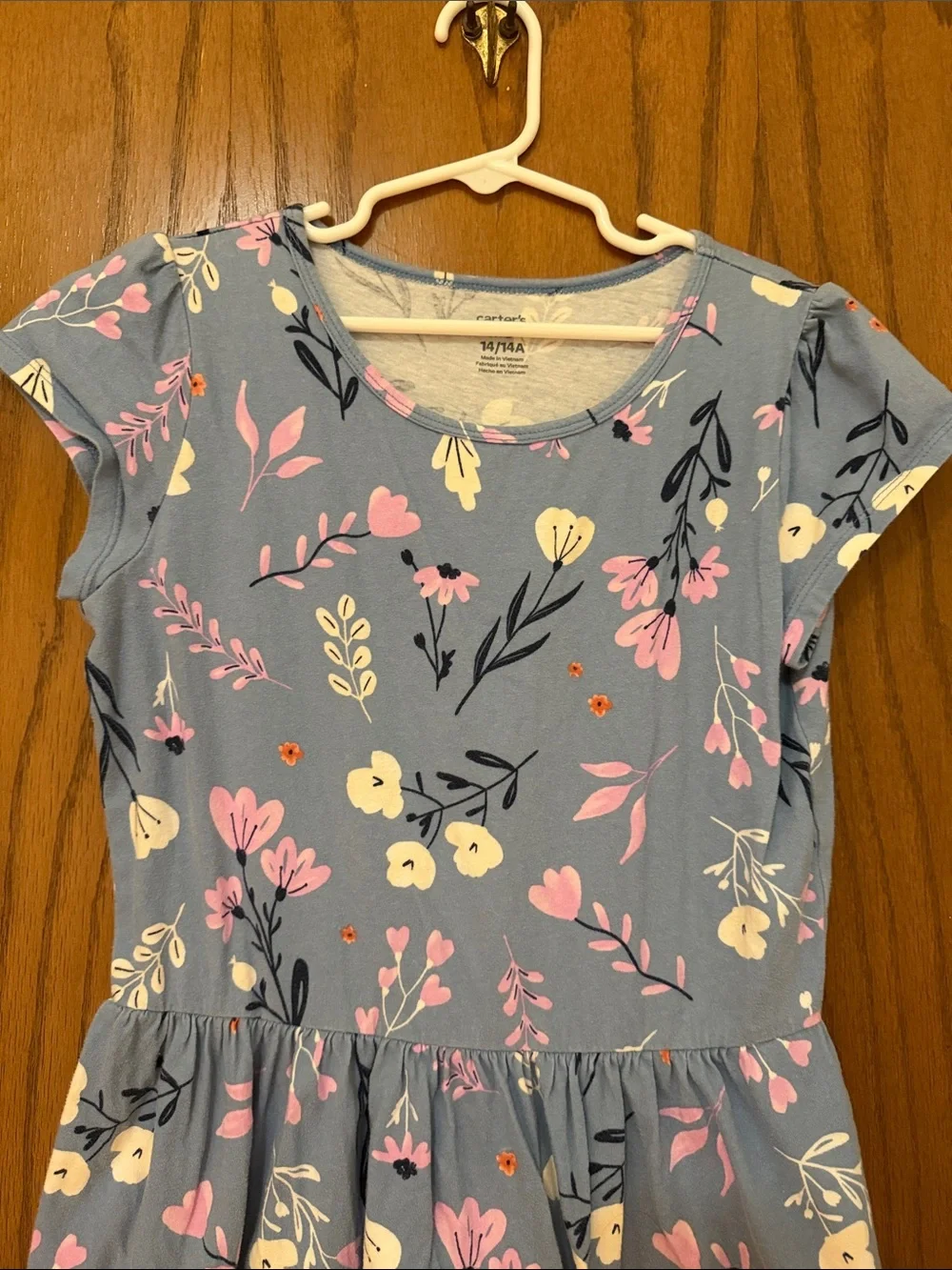 Carter's Blue Floral Short Sleeve Knit Cotton Dress with Pink & White Flowers